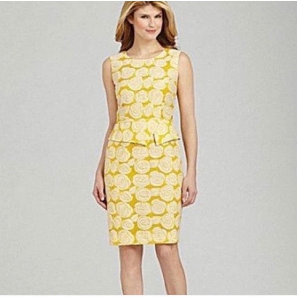 Antonio Melani Mischka Peplum Sheath Dress Jackie O Yellow Ivory Floral 14 New